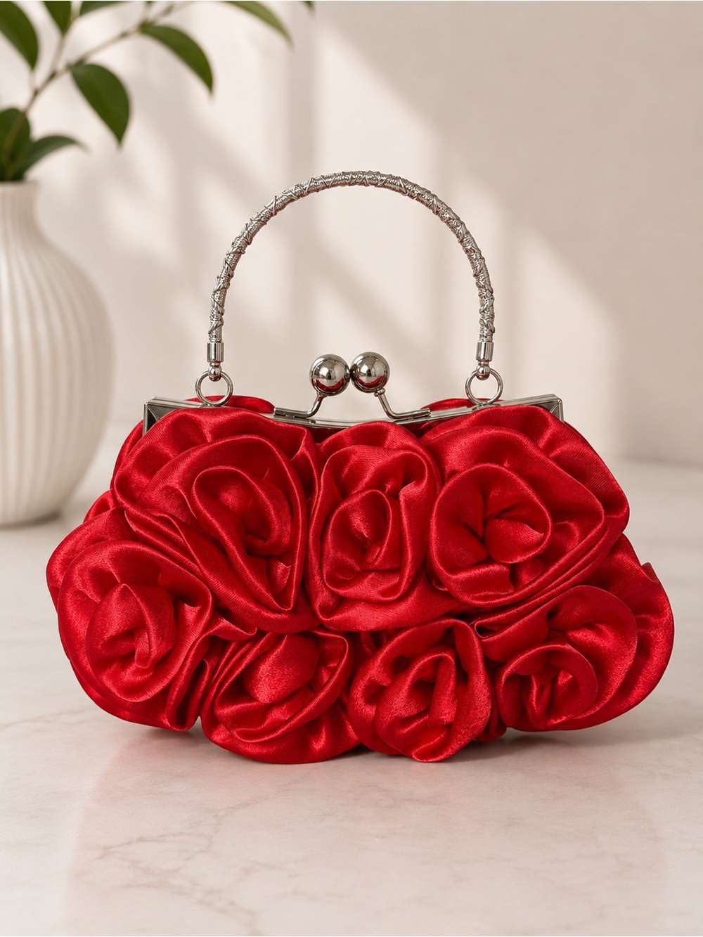 Red Rosette Satin Evening Clutch Handbag